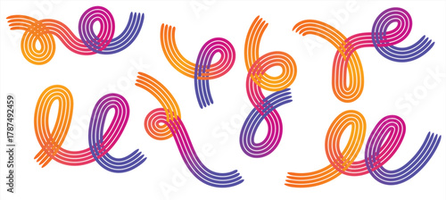 Playful gradient curly line pattern, colorful abstract loops and swirls on white background, modern decorative ribbon design