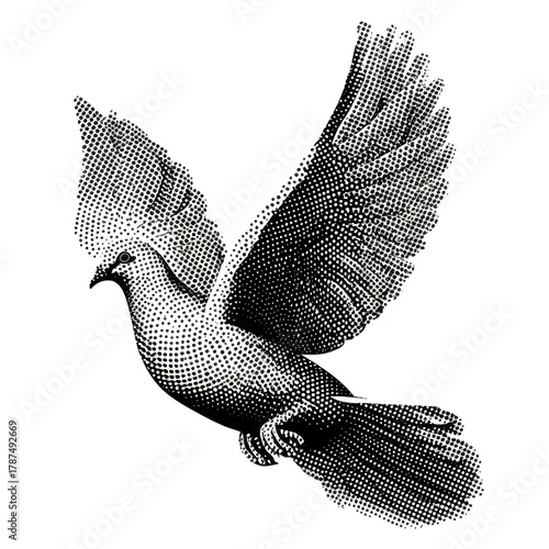 Vintage halftone style dove icon flying, black and white texture.