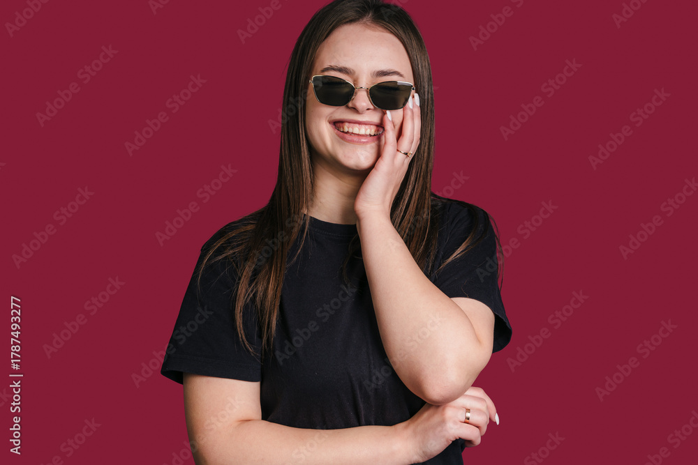 Fototapeta premium Happy stylish model, Chill Caucasian woman with fashionable attire