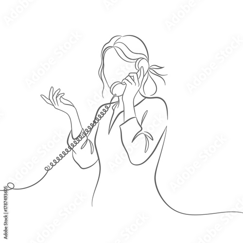 Line Art Woman Answering Phone with Cord Hand Raised Hair in Ponytail.