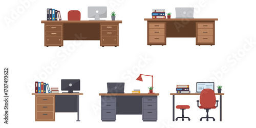 Variety of office desks with computers books and accessories representing workplace productivity and organizational themes with diverse designs