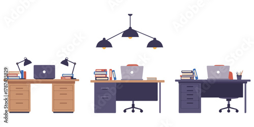 Home office setup with different colored desks laptops books and lamps creating a productive workspace for remote work