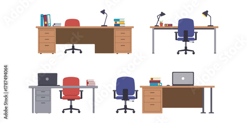 Varied Office Setups Desks and Chairs in Different Styles for Workplace Interior Design Projects