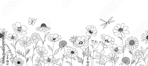 minimal line flower and botanical graphic sketch drawing, trendy tiny tattoo design, floral elements vector illustration