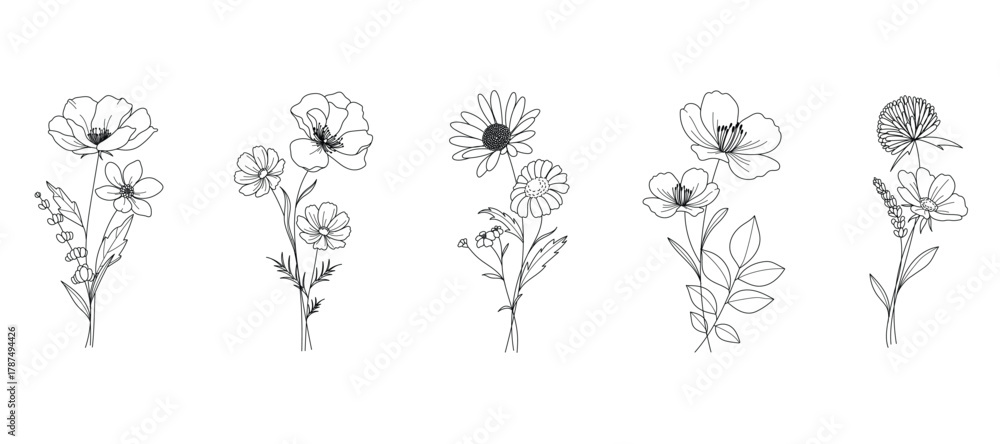 Fototapeta premium minimal line flower and botanical graphic sketch drawing, trendy tiny tattoo design, floral elements vector illustration
