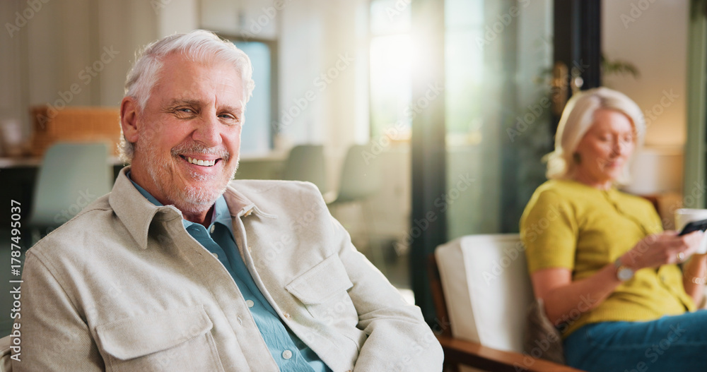 Obraz premium Break, portrait and smile of old man on sofa in living room of home with wife for retirement. Relax, weekend and wellness with happy senior people in apartment together for chilling or free time