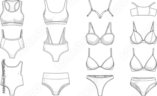 Women underwear fashion, lingerie illustration, intimate apparel design, garment vector, trendy clothing, stylish lingerie, modern fashion, cad drawing flat vector illustration
