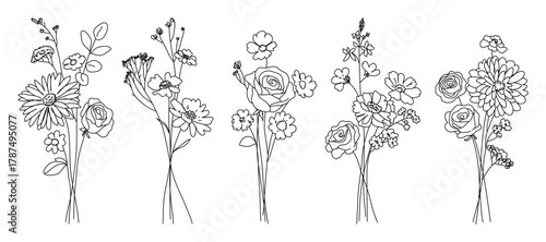 minimal line flower and botanical graphic sketch drawing, trendy tiny tattoo design, floral elements vector illustration