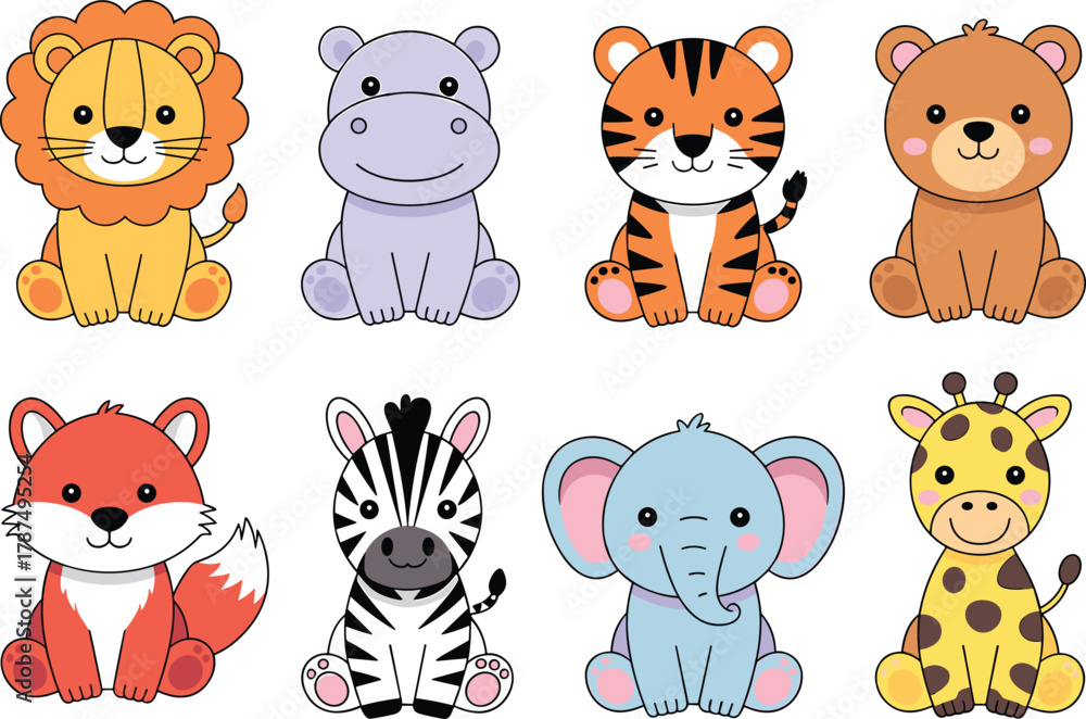 Fototapeta premium Cute cartoon animals illustration, lion, hippo, tiger, bear, fox, zebra, elephant, giraffe, kids design, educational, playful, colorful, friendly