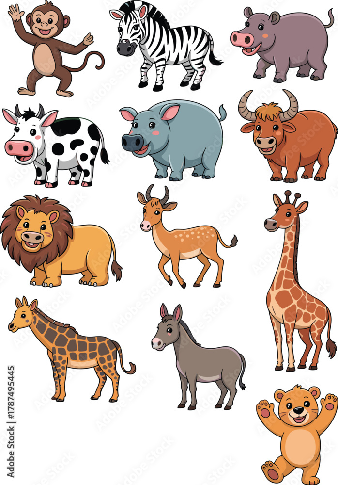 Fototapeta premium Cartoon animal faces, cute zoo creatures, farm animals, jungle wildlife, children illustration, playful pets, educational design, vector art, animal icons