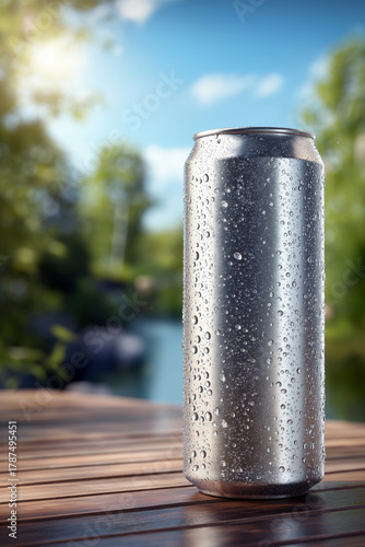 Cold refreshing hard seltzer in tall can-shaped glass, condensation and blurred summer park setting
