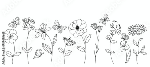 minimal line flower and botanical graphic sketch drawing, trendy tiny tattoo design, floral elements vector illustration