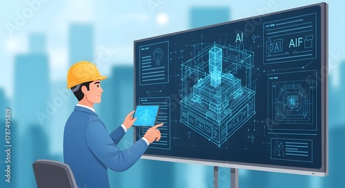 A professional engineer in a safety helmet analyzing a digital blueprint of a building project on a large screen in a modern office environment
