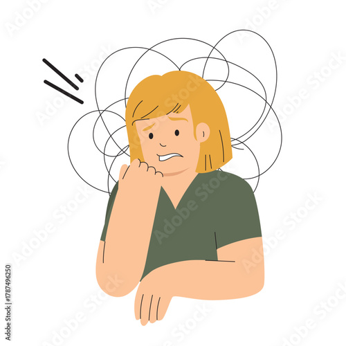 Woman doubts and fears. Woman props her head up with her hand, a swarm of thoughts. Concept of mental health. Emotional experiences. Stress, harping on problems
