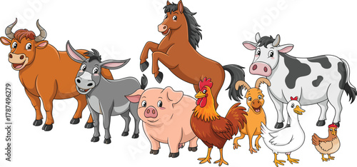 Cute cartoon farm animals illustration, happy cow, horse, pig, donkey, rooster, hen, duck, and bull characters for kids education