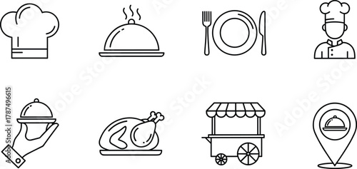 Chef hat, serving dish, dining plate, roasted chicken, food cart, restaurant icon, cooking, kitchen, meal, service, culinary, outline, minimal, black, white, sketch, line art, vector, delivery