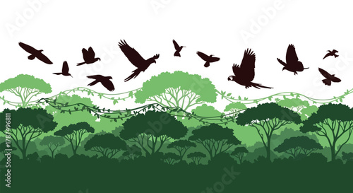 Vibrant jungle landscape with soaring parrots evokes a sense of adventure and freedom for travel, nature, and conservation projects.