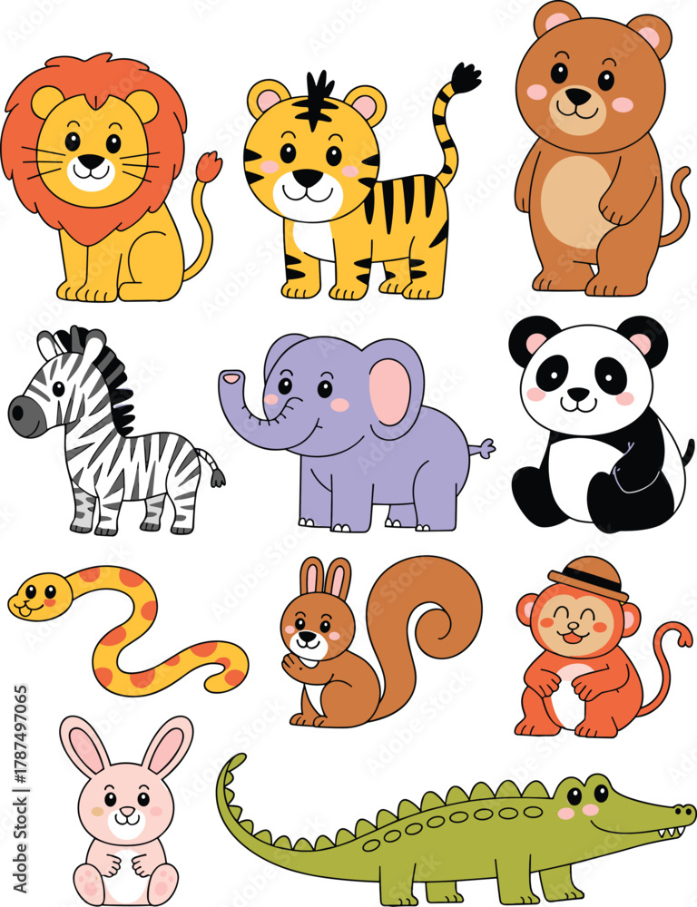 Obraz premium Cute cartoon wild animals collection, adorable jungle and zoo animals vector illustration for kids education, nursery, and learning materials