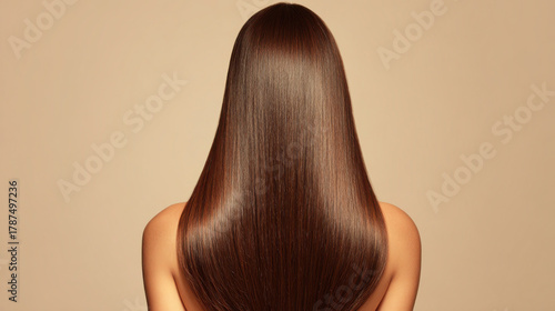 Woman with Long Straight Shiny Brown Hair Shown from Behind Against Elegant Simplicity soft background