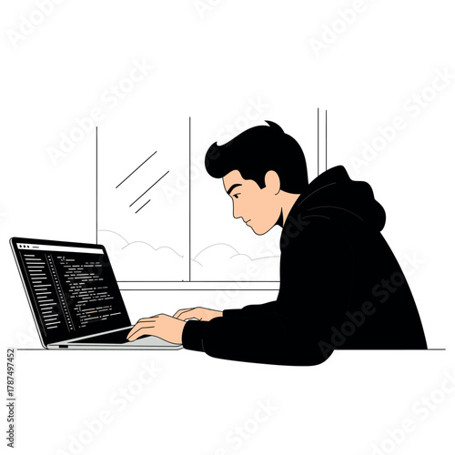 Focused young coder developing innovative app at home for remote work success, coding late into the night for startup, enjoying tech lifestyle