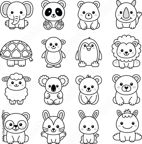 Canvas Print Cute cartoon animal illustration set, elephant panda bear rhino turtle monkey pe