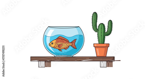 Whimsical goldfish swimming in a bowl beside a bright cactus on shelf, perfect for adding a touch of quirky charm to any design project