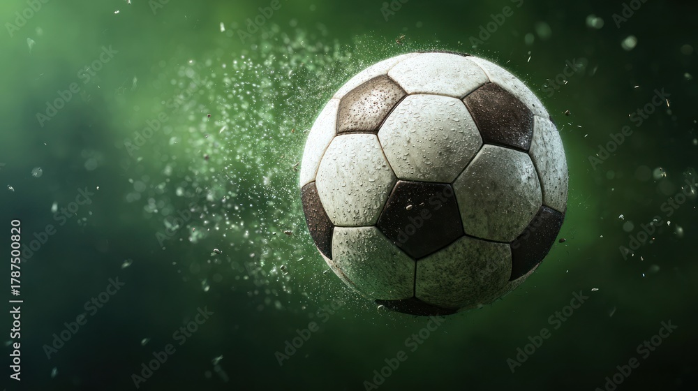 Fototapeta premium A close-up shot of a soccer ball surrounded by particles against a green background