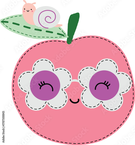 Cute apple with flower eyes and snail on leaf illustration