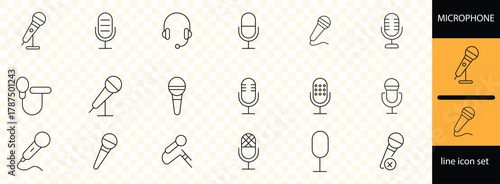 microphone, radio, webcast, audio, video, news, broadcasting, sound, studio, podcaster, audiobook and more. Editable line icons. Vector illustration