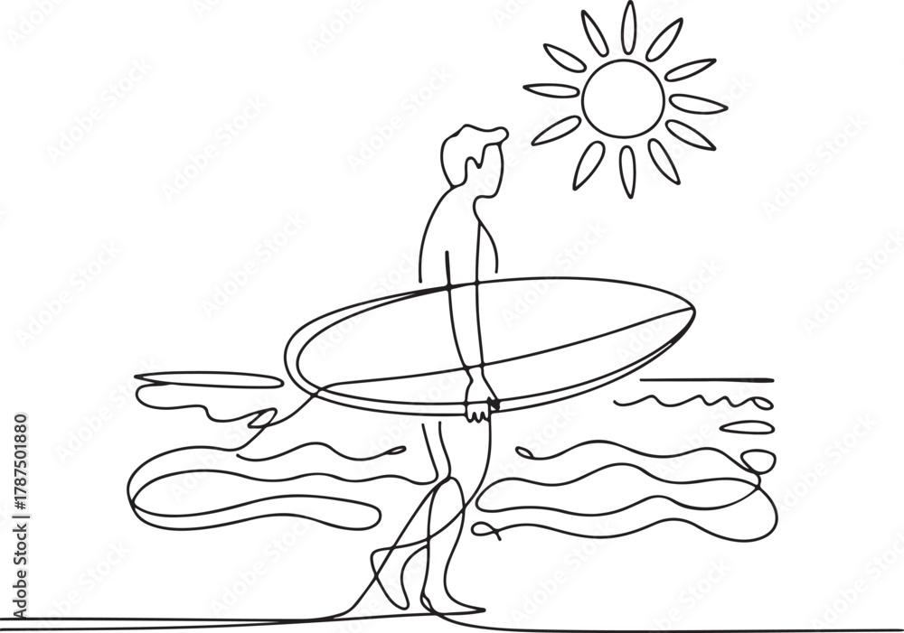 Fototapeta premium Continuous Line Art Illustration of Surfer Holding Board with Waves and Sun