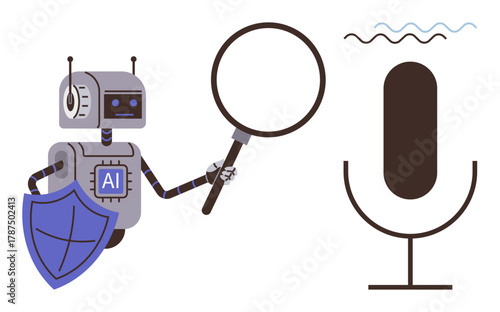 Robot with AI label holding magnifying glass and shield examining microphone with sound waves. Ideal for AI, voice search, cybersecurity, technology, analysis, automation, privacy, simple flat