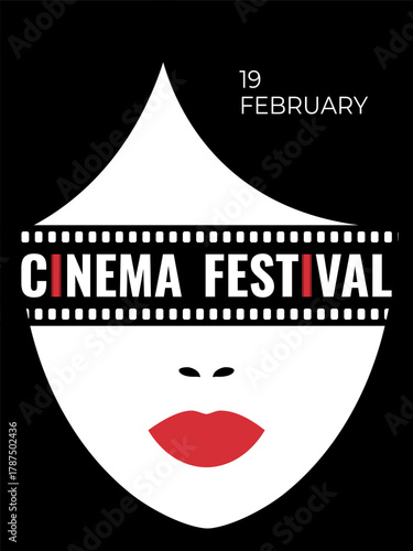Film festival poster design featuring a woman face and a film strip covering her eyes. Film festival flyer. Vector illustration
