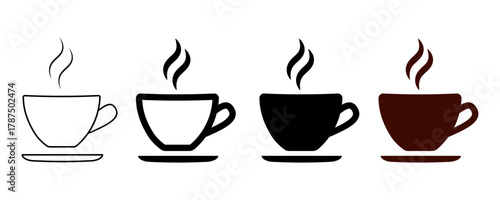 Set of minimalist coffee cup icons with transparent background, depicting hot beverages for cafes, user interfaces, and morning breaks, vector illustration