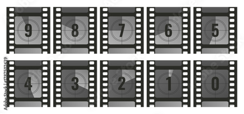 Collection of retro cinema timer counters. Countdown film strip frames with numbers. From 9 to 0. Vector illustration