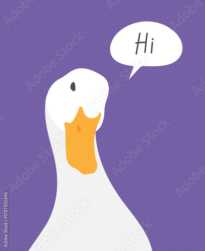 Cute white duck saying Hi. Peeking duck face. Vector illustration