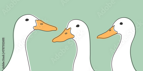 Three hand drawn doodle ducks with suspicious looks. Curious duck faces. Vector illustration