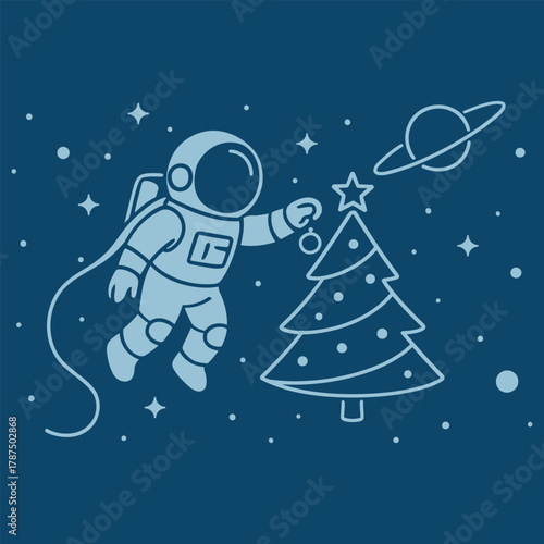 Astronaut decorates a christmas tree in the vastness of outer space