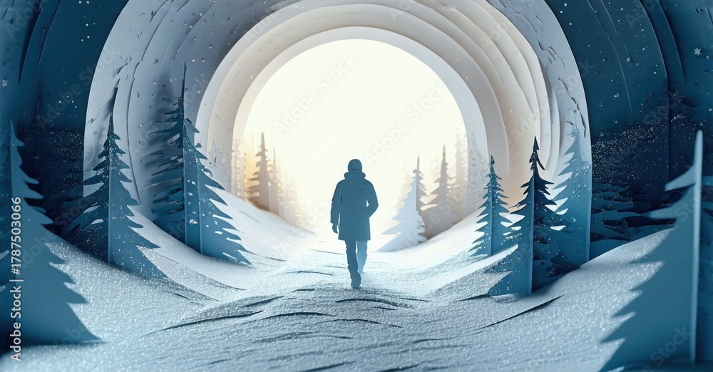 Fototapeta premium Silhouette walks toward bright light within papercraft winter landscape. Snow covers trees, creating tunnel effect. Calm, serene scene.