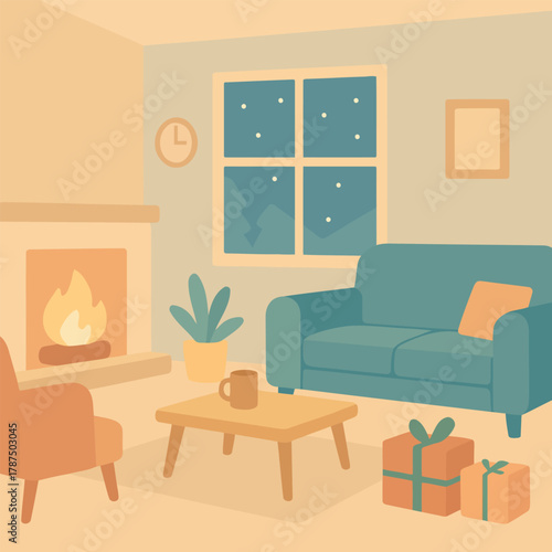 Cozy living room scene with a fireplace gifts and a nighttime view