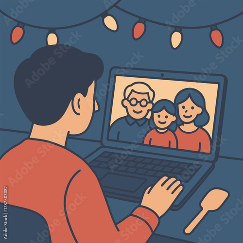 A person video calling with family during the holidays cozy home setting