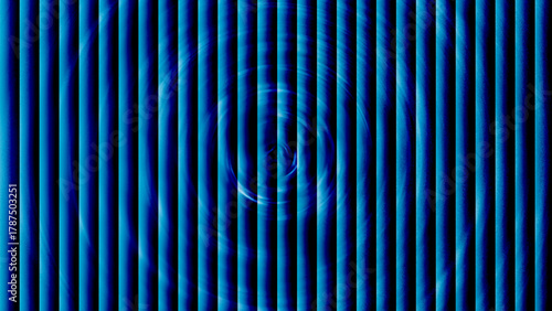 Electric blue vortex behind reeded glass vertical stripes, wavy neon columns on black abstract background