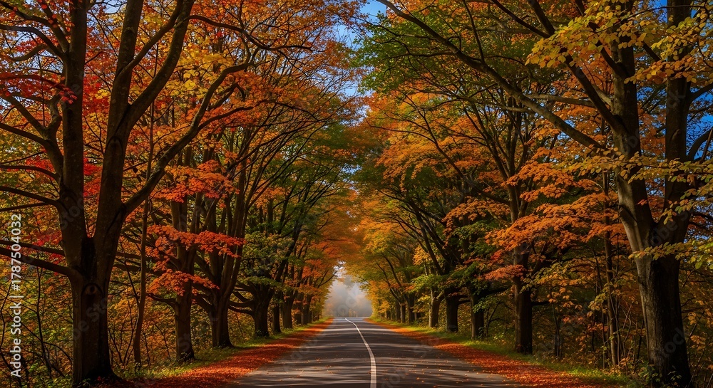 Fototapeta premium Autumn Road - A Scenic Drive Through Vibrant Fall Foliage.