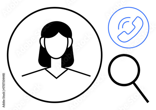 Profile icon of a woman in a circle, magnifying glass, and phone call symbol. Ideal for user search, customer support, networking, communication, contact management recruitment technology. Simple
