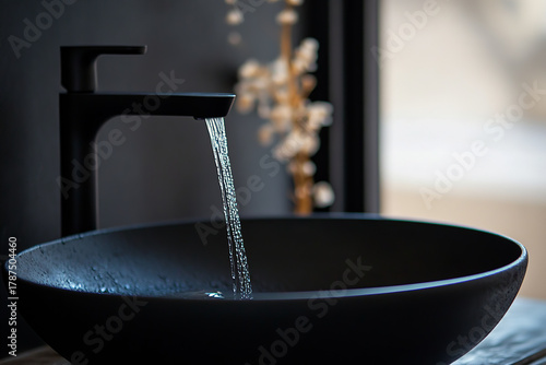 Modern black sink detail, flowing water a fixture faucet with design creates a stylish minimalist for bathroom interior, bringing in elegant contemporary clean to the space.