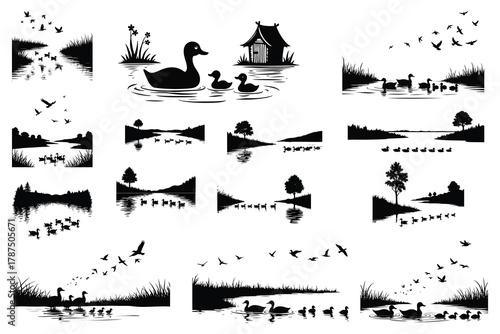 Black silhouette collection of ducks and birds in water and sky