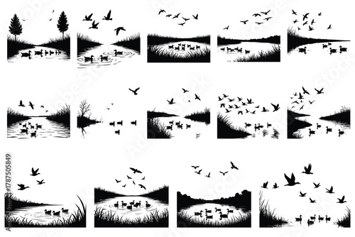 Black silhouette flock of ducks swimming and flying over water