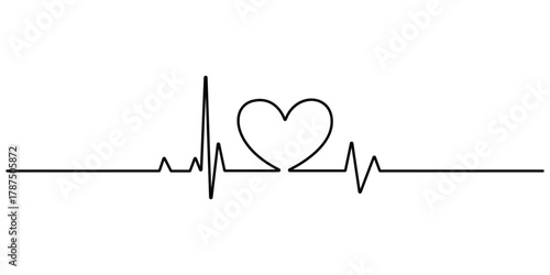 Single one line drawing of heartbeat line with a heart shape in the middle showing a symbol of love and a healthy lifestyle design