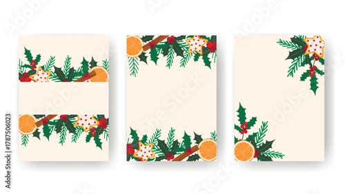 Set of Christmas and New Year's templates for designing cards, invitations, covers, flyers, leaflets. Vertical backgrounds with fir branches, mistletoe, holly, foliage, and berries. Vector graphics