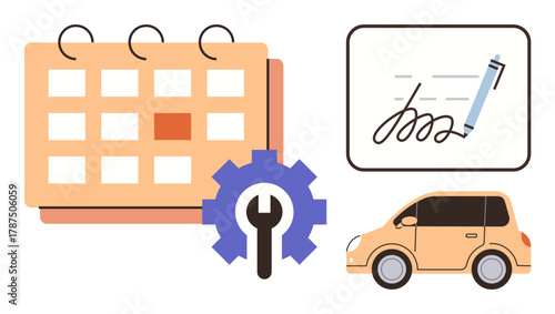 Calendar with gear, car, and signed agreement pen. Ideal for vehicle servicing, scheduling, business processes, contracts, organization planning repair services. Simple flat metaphor