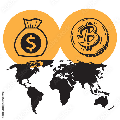 Global cryptocurrency and finance map vector illustration
